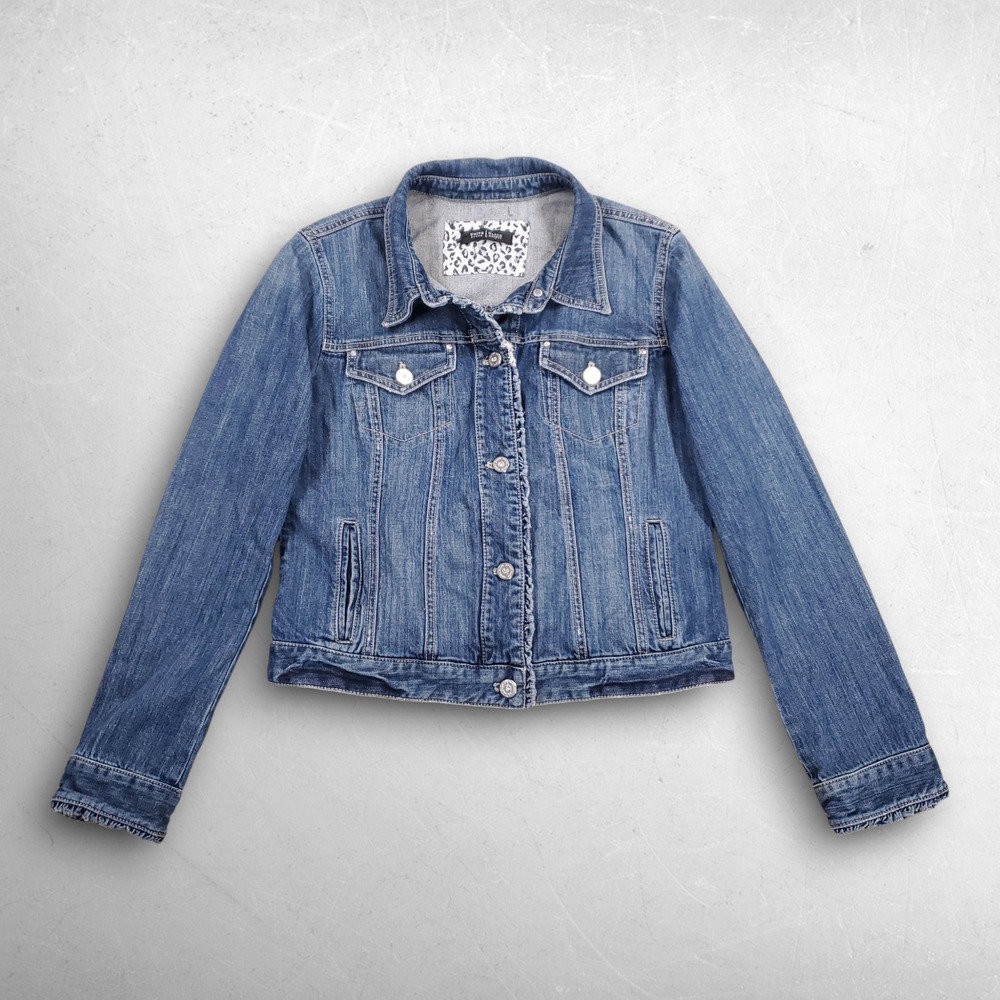 WHBM Ruffle‎ Trim Denim Jacket Women M Blue Distressed Boho Indie Sleaze Grunge